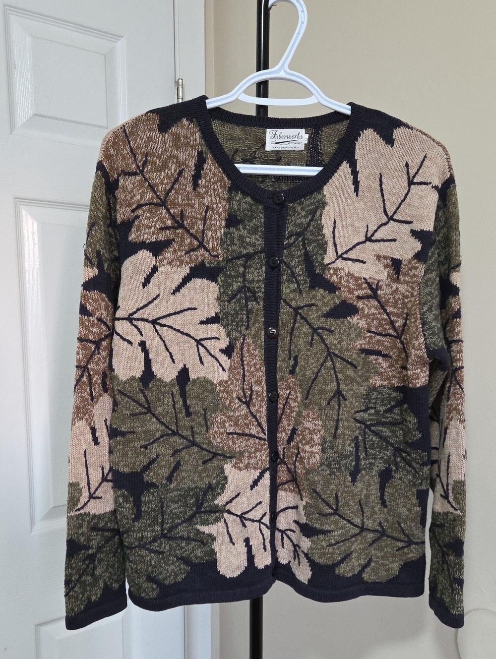 Fiberworks 100% Cotton Leaf-Print Crewneck Button Cardigan - Olive/Tan/Black